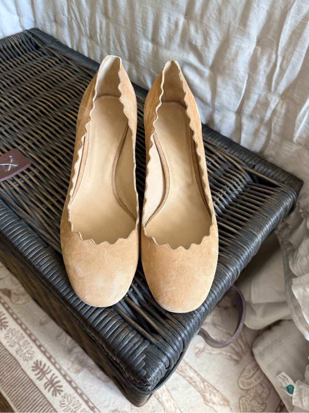 Chloe Women’s Scalloped Edge Suede Pumps - Tan